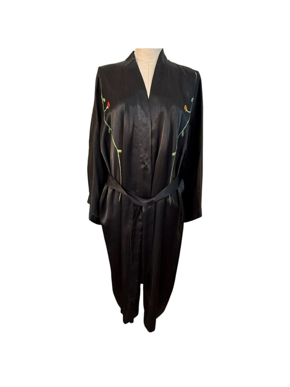 Vintage Black Satin Embroidered Floral Kimono Robe Belt Waist Asian - Picture 6 of 8